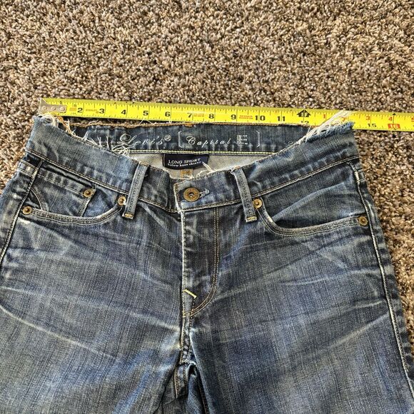 Levi’s Capital Long Shorts 26 Blue Denim Frayed Waist Below Knee Skinny - Picture 8 of 13